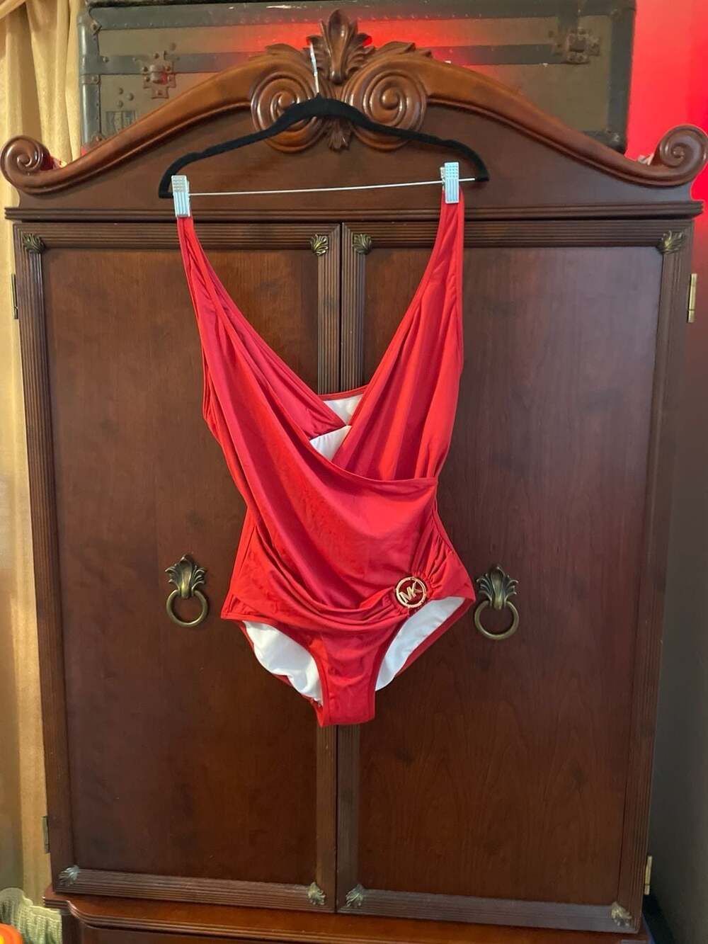 Michael Kors Red Wrap One-Piece Swimsuit with Gold MK Logo, Size 14